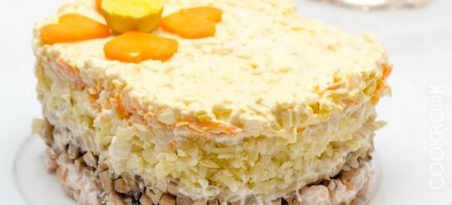 Слоеный салат с копченой курицей и грибами рецепт с фото
