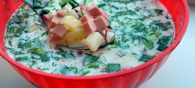 Окрошка на сыворотке с колбасой классическая, рецепт с фото