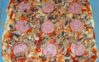 Пицца с копченой колбасой, сыром и грибами рецепт с фото